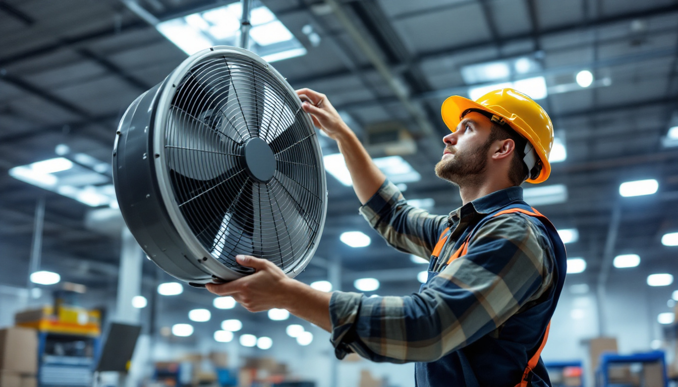 A photograph of a lighting contractor installing an energy-efficient big shop fan in a spacious commercial setting