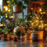 A photograph of a beautifully arranged indoor scene featuring potted lights in various styles and designs
