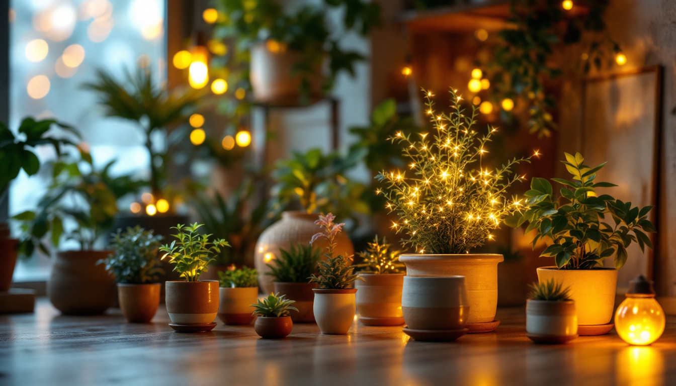 A photograph of a beautifully arranged indoor scene featuring potted lights in various styles and designs