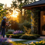 A photograph of a lighting contractor installing a stylish outdoor light fixture in a beautifully landscaped garden