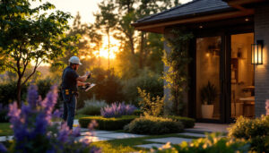 A photograph of a lighting contractor installing a stylish outdoor light fixture in a beautifully landscaped garden