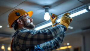 A photograph of a lighting contractor demonstrating the process of installing a fluorescent light bulb in a ceiling fixture