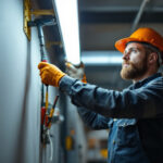 A photograph of a lighting contractor skillfully replacing a fluorescent tube in a commercial setting