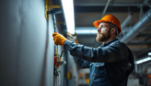 A photograph of a lighting contractor skillfully replacing a fluorescent tube in a commercial setting
