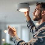 A photograph of a professional lighting contractor installing or adjusting a sleek