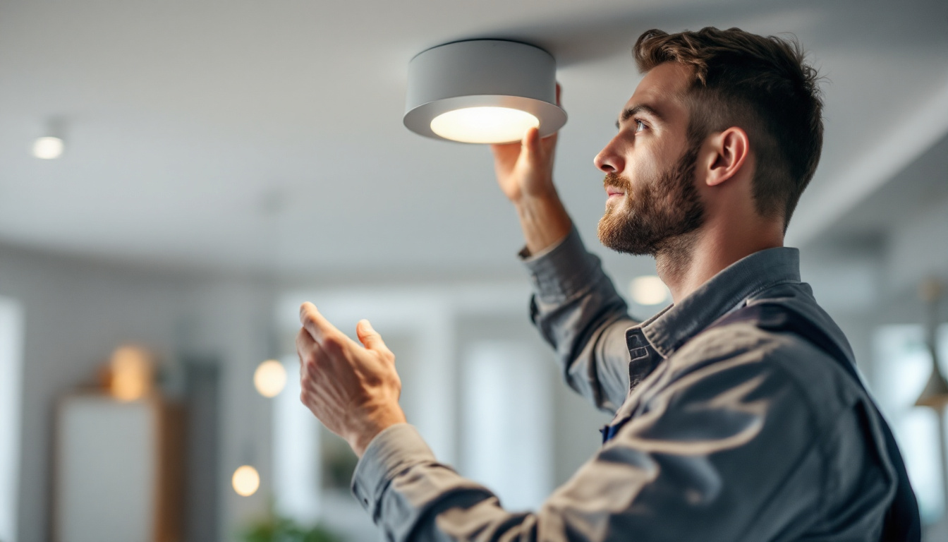 A photograph of a professional lighting contractor installing or adjusting a sleek