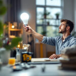 A photograph of a lighting contractor installing a 100w led lamp in a residential or commercial setting