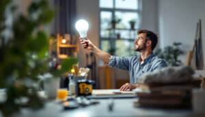 A photograph of a lighting contractor installing a 100w led lamp in a residential or commercial setting