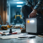 A photograph of a lighting contractor in action