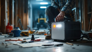 A photograph of a lighting contractor in action