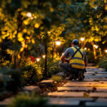 A photograph of a well-lit outdoor space featuring solar-powered led lights illuminating pathways and landscaping