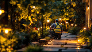 A photograph of a well-lit outdoor space featuring solar-powered led lights illuminating pathways and landscaping