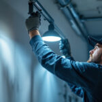 A photograph of a skilled lighting contractor installing or adjusting modern