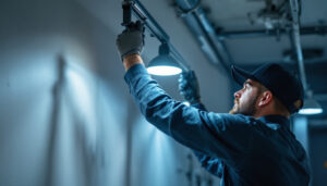 A photograph of a skilled lighting contractor installing or adjusting modern
