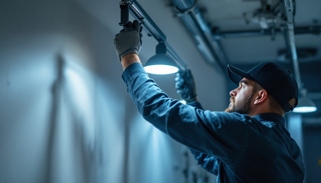 A photograph of a skilled lighting contractor installing or adjusting modern