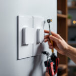 A photograph of a skilled electrician or lighting contractor installing various types of dimmer switches in a modern home setting