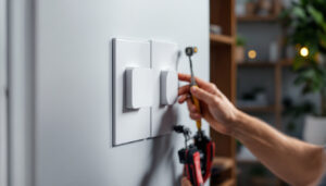 A photograph of a skilled electrician or lighting contractor installing various types of dimmer switches in a modern home setting