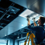 A photograph of a lighting contractor installing a modern drop ceiling in a commercial space