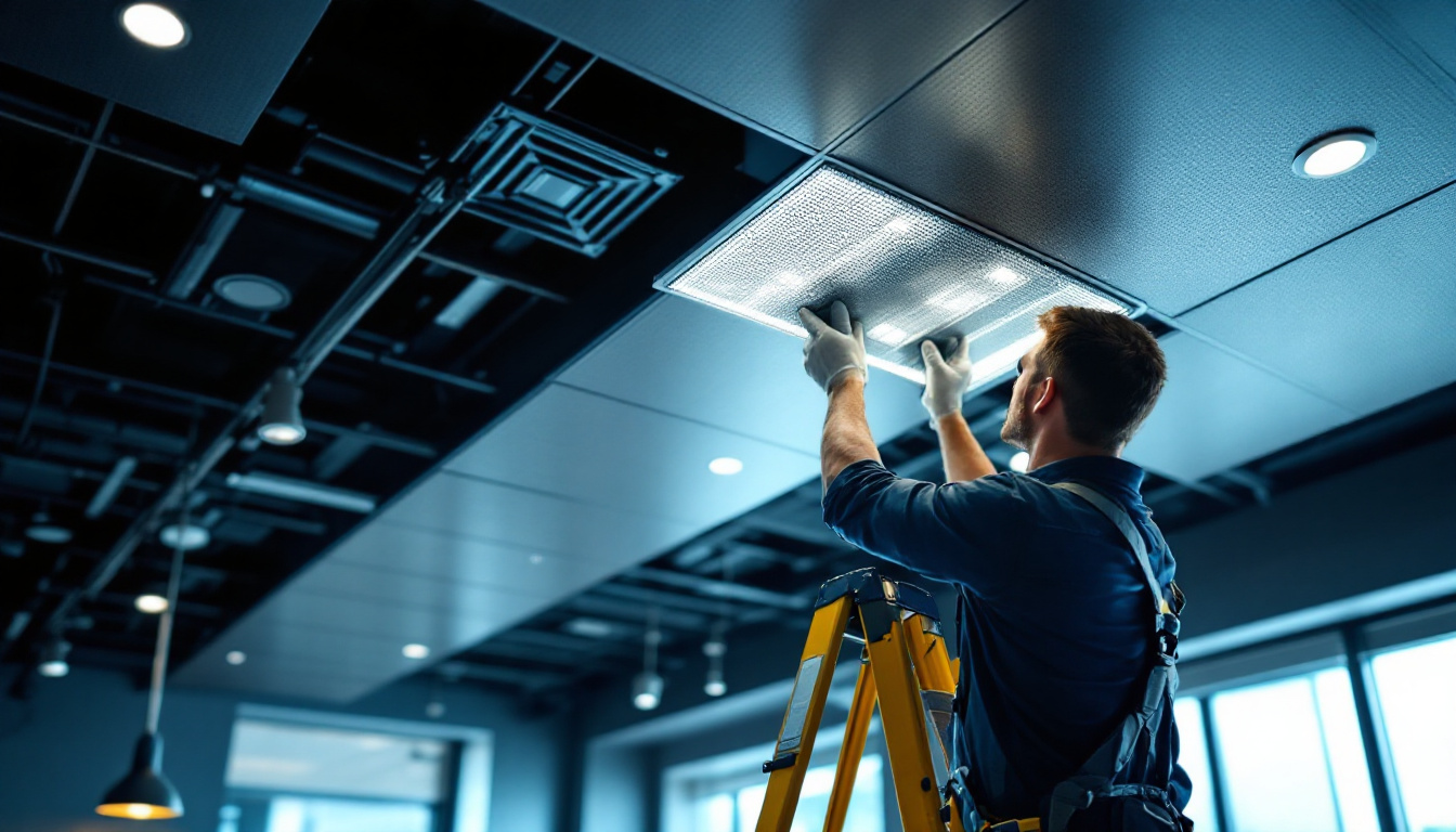 A photograph of a lighting contractor installing a modern drop ceiling in a commercial space
