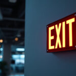 A photograph of a well-lit illuminated exit sign in a commercial setting
