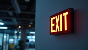 A photograph of a well-lit illuminated exit sign in a commercial setting