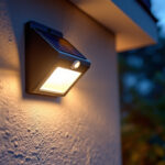 A photograph of capture a photograph of a solar-powered motion detection light installed in a backyard setting at dusk