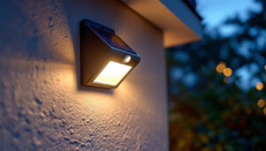 A photograph of capture a photograph of a solar-powered motion detection light installed in a backyard setting at dusk