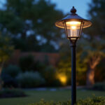 A photograph of capture a photograph of a beautifully illuminated backyard light post in a residential setting at dusk