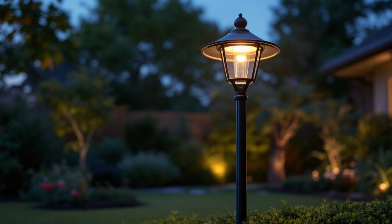 A photograph of capture a photograph of a beautifully illuminated backyard light post in a residential setting at dusk