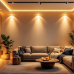 A photograph of a well-lit modern living space featuring sleek pot lights with stylish trim