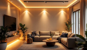 A photograph of a well-lit modern living space featuring sleek pot lights with stylish trim