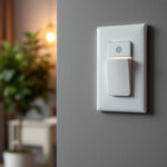 A photograph of a modern light switch with an integrated motion detector installed in a stylish