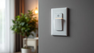 A photograph of a modern light switch with an integrated motion detector installed in a stylish
