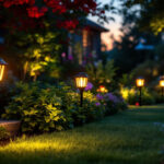 A photograph of a beautifully illuminated garden at dusk