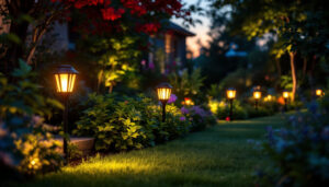 A photograph of a beautifully illuminated garden at dusk