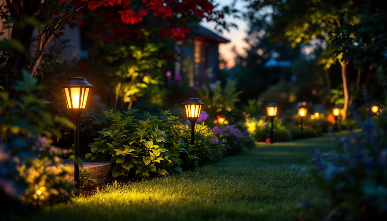 A photograph of a beautifully illuminated garden at dusk