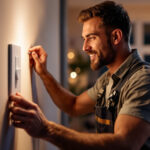 A photograph of a skilled lighting contractor expertly installing a decora dimmer switch in a stylishly lit room