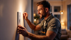 A photograph of a skilled lighting contractor expertly installing a decora dimmer switch in a stylishly lit room