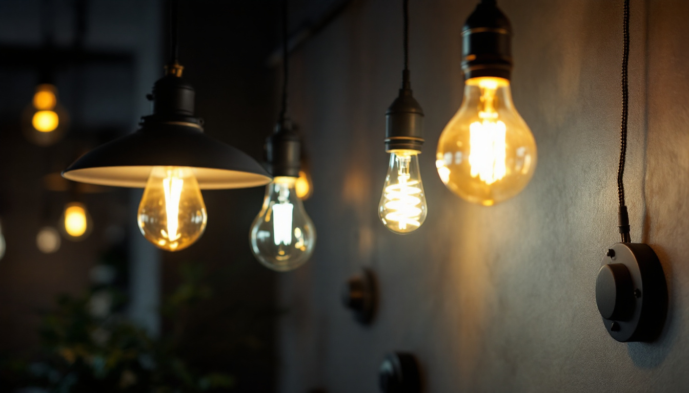 A photograph of a well-lit interior space featuring various lamps with different types of light bulbs