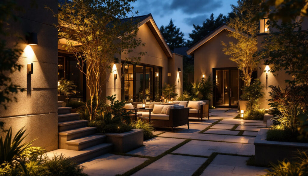 A photograph of a beautifully lit outdoor space showcasing a variety of stylish and functional outdoor lighting fixtures in use
