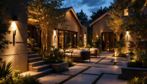 A photograph of a beautifully lit outdoor space showcasing a variety of stylish and functional outdoor lighting fixtures in use