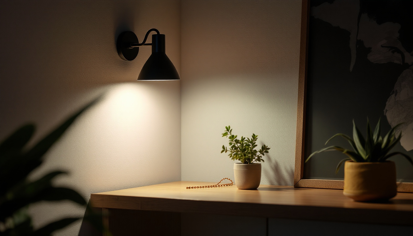 A photograph of a stylish wall corner lamp illuminating a cozy interior space