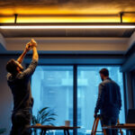 A photograph of a stylish and modern ceiling lighting bar installed in a contemporary interior setting