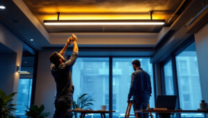 A photograph of a stylish and modern ceiling lighting bar installed in a contemporary interior setting