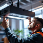 A photograph of a lighting contractor expertly installing or adjusting a uv duct light in a modern workspace
