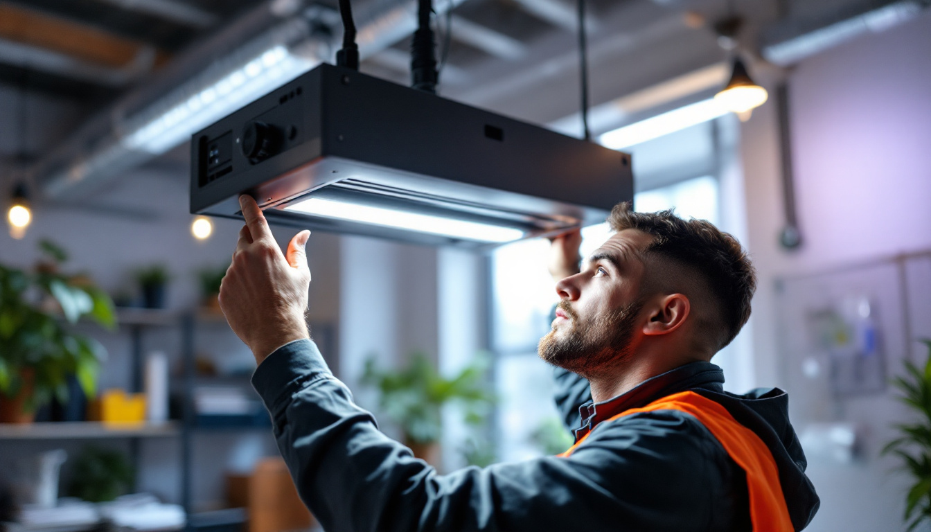 A photograph of a lighting contractor expertly installing or adjusting a uv duct light in a modern workspace
