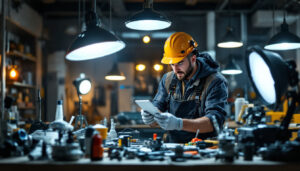 A photograph of a lighting contractor at work