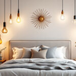 A photograph of a beautifully styled bedroom featuring an array of unique and stylish lighting fixtures above the bed