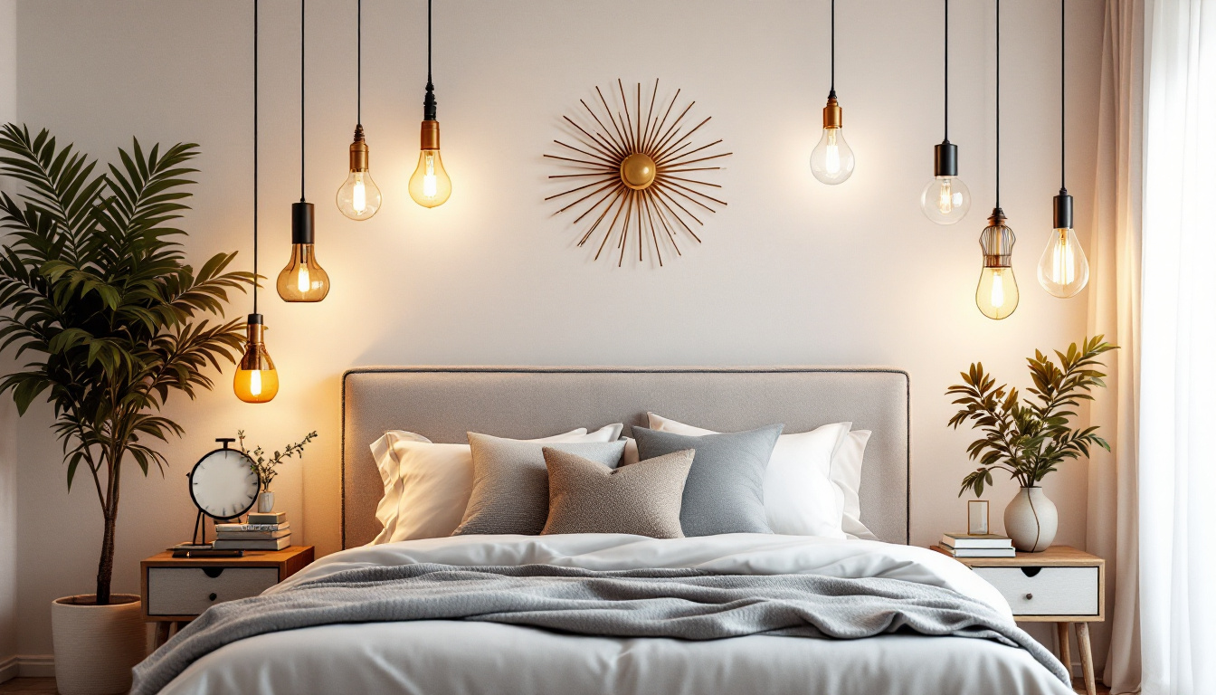 A photograph of a beautifully styled bedroom featuring an array of unique and stylish lighting fixtures above the bed