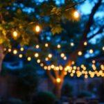 A photograph of a beautifully lit outdoor space featuring a variety of led string lights elegantly draped across trees or patio structures